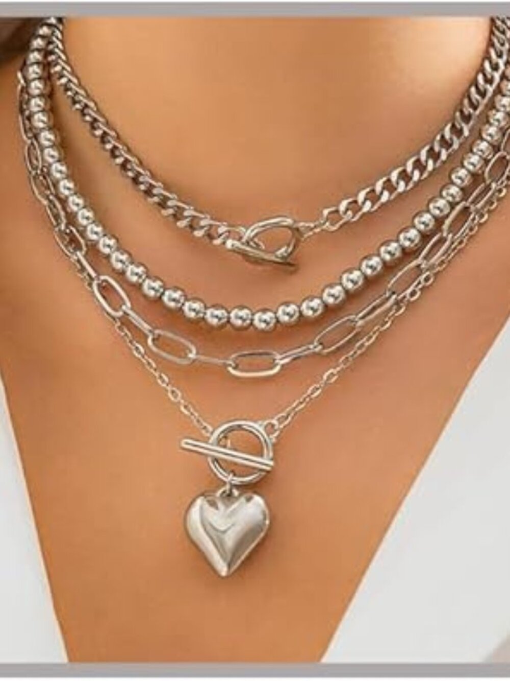 4 Layer Choker Necklace Chunky Heart Silver Tone Statement Piece